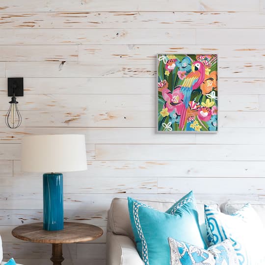 Stupell Industries Tropical Flowers and Parrot Whimsical Florals in Gray Frame Wall Art